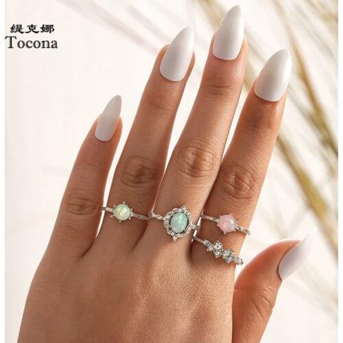 Tocona 4pcs/sets Colorful Ring Sets for Women Luxury Rhinestone Flowers Geometric Alloy Metal Cute Ring Jewelry Anillo 9048