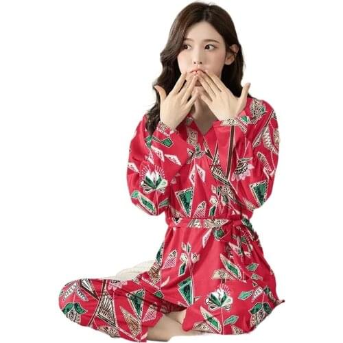 Japanese Ladies Kimono Pajamas Spring Thin Sleepwear V-Neck Floral Printing Lounge Wear Thin Loose 2 Piece Set