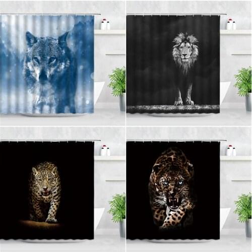 Wild Animals Waterproof Fabric Shower Curtains Leopard Lion Wolf Pattern 3D Print Black Backdrop Home Decor Bathroom Curtain Set