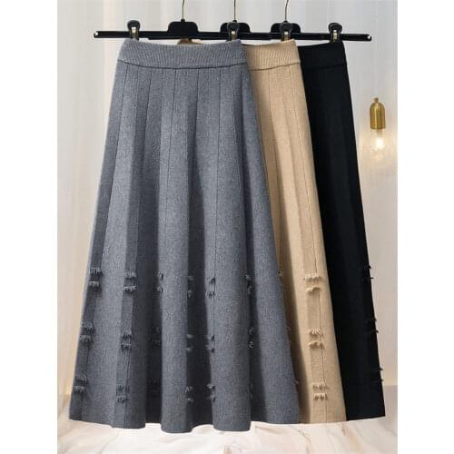 Mid-Length Skirts Womens Autumn And Winter High-Waisted Woolen Pleated Skirts Jacquard Large Hem Knitted Long Jupe Femme M221