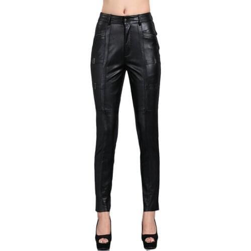 Fashion Womens Genuine Leather Trousers Sheepskin Leather Pencil Pants 2021 Brand Thickened Slim Pants Plus Size 5XL