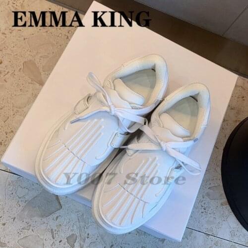 2021 Designer Genuine Leather Sneakers Shell Round-Toe Magic Tape Trainers Breathable Mesh Creeper Womens Vulcanize Shoes