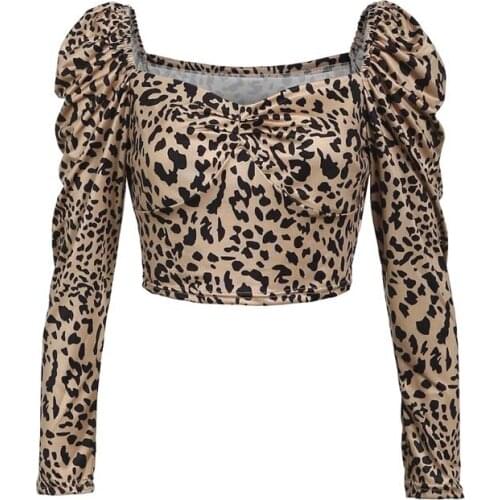 Women Scoop Neck Leopard Tops Long Sleeve Casual Crop Tops T-Shirt Leopard Sexy U-neck T-Shirts Female Clothing
