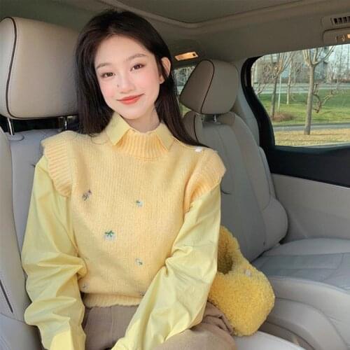 Women 2021 Spring Autumn Fashion Two-piece Sets Female Short Knitted Waistcoat Ladies New Solid Color Loose Shirts Suits E323