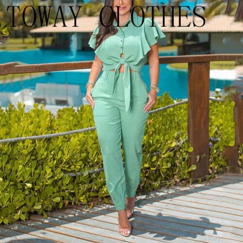 Women Ruffles Hem Knotted Design Turn Down Collar Plain Top & Pants Set Casual Women Two Pieces Set