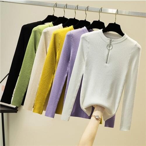Spring Autumn Woman Sweaters Fashion Zipper Collar Computer Knitted Casual Sweater Women Solid Color Slim Fit Lady Sweaters