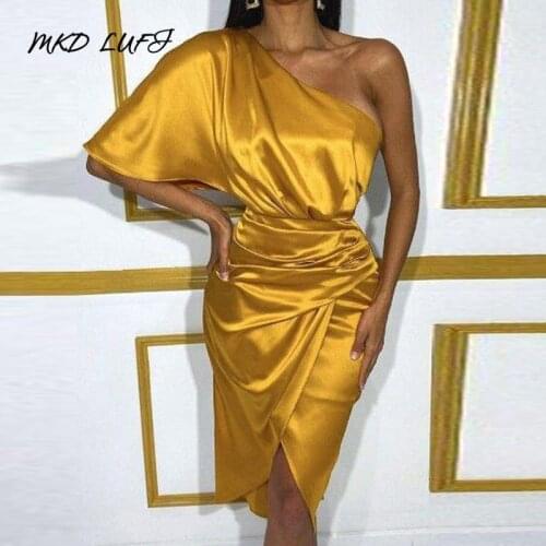 Sexy One Shoulder Pleated Slit Party Dress Women Skew Neck Slim Satin Dress