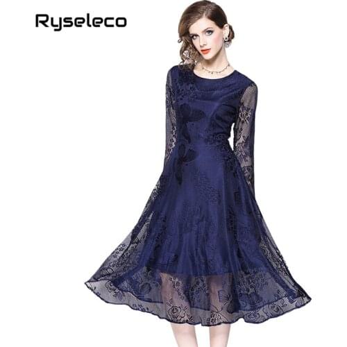 High Fashion Fall Spring Solid Hollow Out Crochet Floral Lace Dress Women Round Collar A-Line Elegant Chic Party Swing Dresses