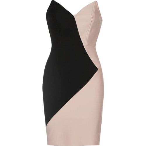 2021 New Summer Women Strapless Mini Bandage Dress Sexy V Neck Patchwork Bodycon Clothes Celebrity Club Party Dress