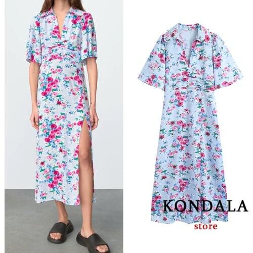 KONDALA Za 2021 Chic Floral Print V Neck Shirt Dress Women Short Sleeve Side Split Summer Midi Dress Vintage Mujer Vestidos