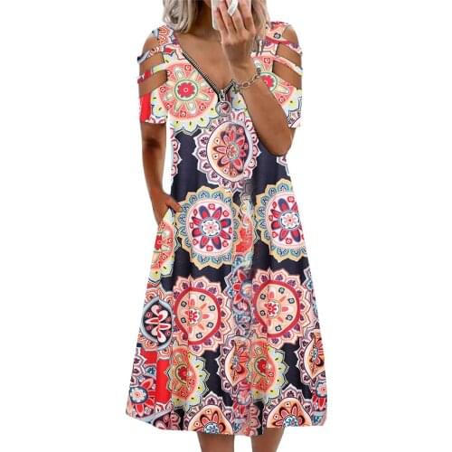 Plus Size Women Floral Print Sexy Off Shoulder A-Line Dress Summer V-neck Zipper Decor Pocket Casual Loose Knee Length Vestidos