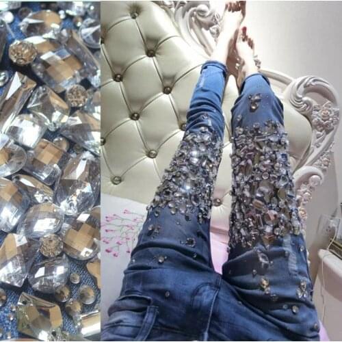 2020 Beaded Jeans Womens Rhinestone Diamond Set Heavy Industry Slim Plus Size Jeans Woman Street Style Mom Jeans