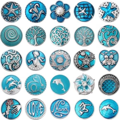 5pcs/lot New Starfish Dolphin Life Tree Snap Jewelry Sky Blue 18mm Snap Button Fit Snap Bracelet DIY Charms Jewelry