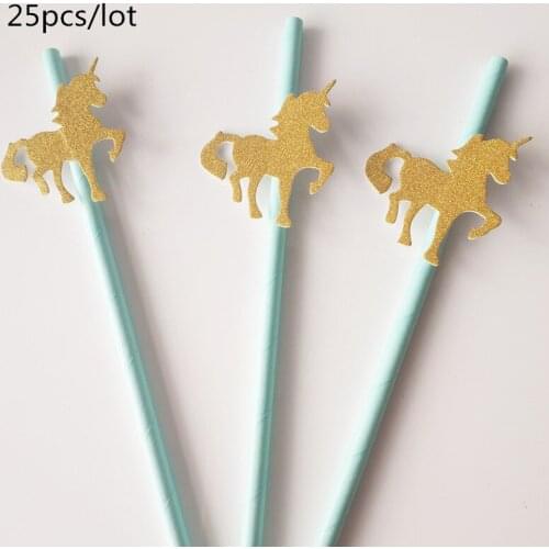 25PCS Glitter Gold Unicorn Flamingos Party Paper Straws Kids Birthday Party Baby Shower Party Decoration Supplies HW20