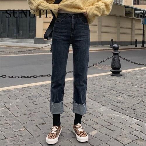 Sungtin High Waist Loose Jeans Women Vintage Casual Oversized Straight Pants Korean Blue Denim Trousers Female Jeans BF Chic New