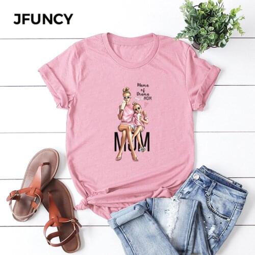 JFUNCY Plus Size Printed Mom Casual Tshirt Women Oversize Summer T-shirts Female Cotton Short Sleeve Tees Top Woman T Shirt