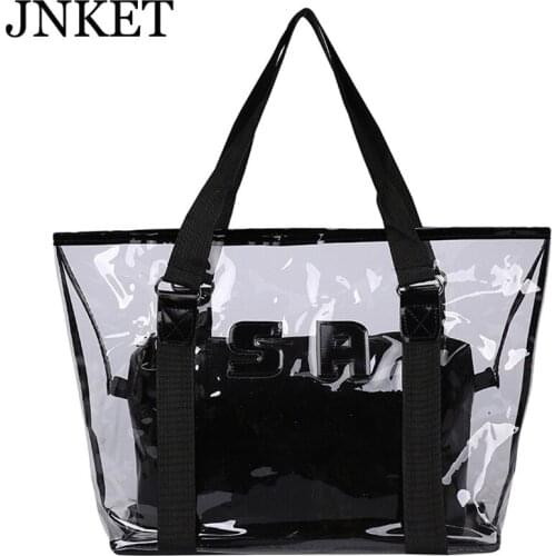 JNKET New Women Fashion pvc Transparent Waterproof Jelly Handbags Lady Large Capacity Transparent Shoulder Bag Beach Bag