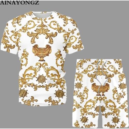 Ethnic Style Mens Sets Summer 2021 New Retro Trend Beach Short Shirt Suit Casual T-Shirt Shorts Two Piece Set Plus Size Attire