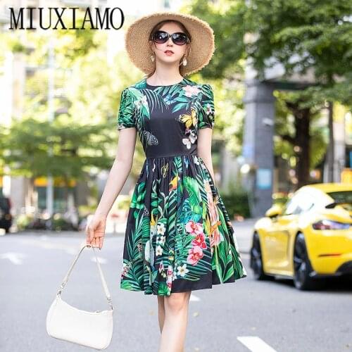 MIUXIMAO 2020 Summer Dress Newest Cute colourful Print butterfly Leaf Flower Elegant Slim Casual Dress Women Vestidos