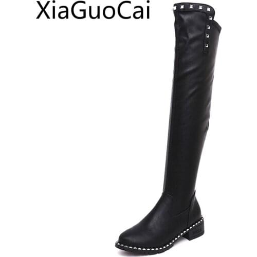 Autumn/Winter Womens Over The Knee Boots Slip-On Flat Genuine Leather Female Boots Bottom with Elastic High Motorcycle Boots