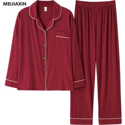 Autumn Modal Men Sleepwear Long Sleeve Turn-down Collar Pajamas Set Casual Soft Loose Plus Size Male Nightwear