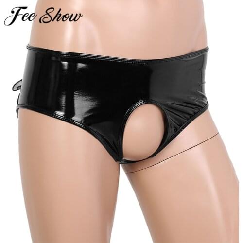 Sexy Men Lingerie Sissy Panties Wet Look Patent Leather Crotchless Latex Panties Sheer Organza Trim Open Crotch Briefs Underwear