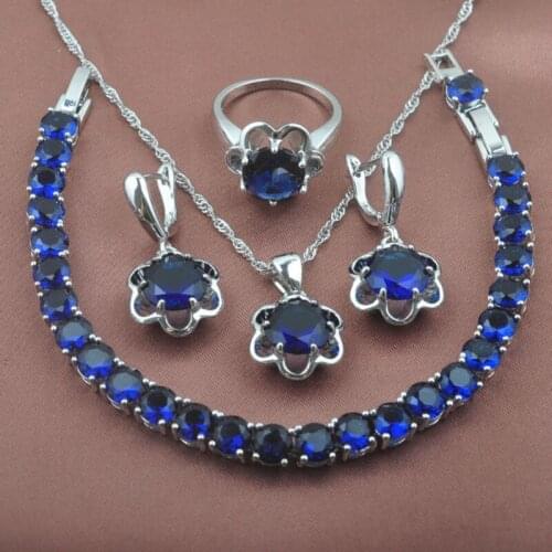 Simple Flower Blue Crystal Jewelry Sets Womens Bridal jewelry Silver Color Bracelet Necklace Earrings Ring YZ0133