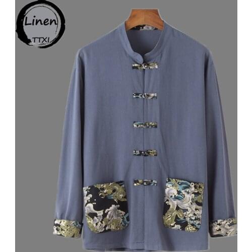 Chinese Style Cotton Linen Dragon Embroidered Tang Linen Mens Long Sleeved Shirt Traditional Chinese Clothing Stand Collar Coat