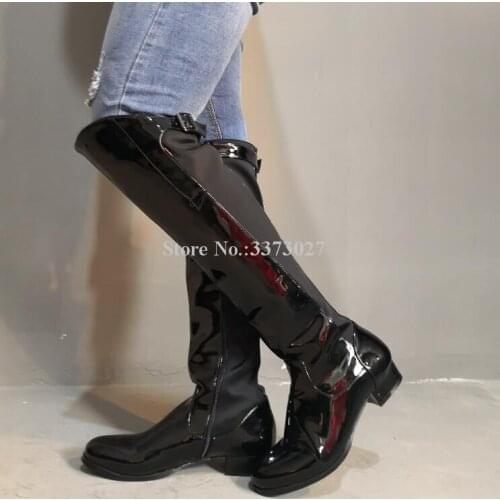 Patent Leather Flat With Long Boots Woman Black Round Toe Motorcycle Boots Lady Fashion Large Size Knee High Casual Boots