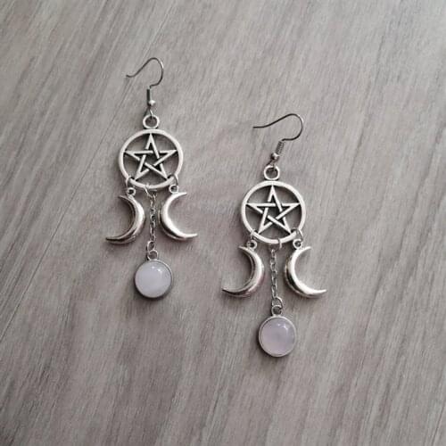 Pentagram Crescent Moon Rose Stone Earrings Natural Stone Wicca Witchy BOHO Statement Jewelry Pagan Gothic Women Gift New Trend
