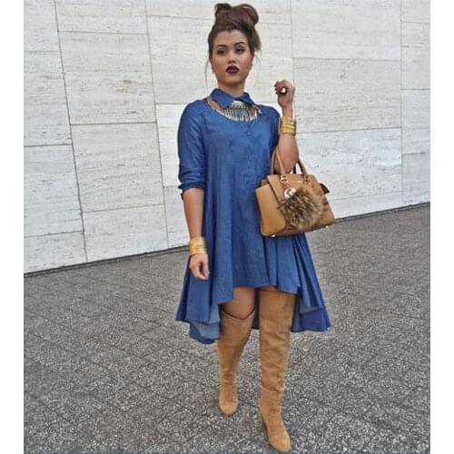 New Womens Blue Jeans Denim T-Shirt Long Sleeve Casual Loose Shirt Mini Dress