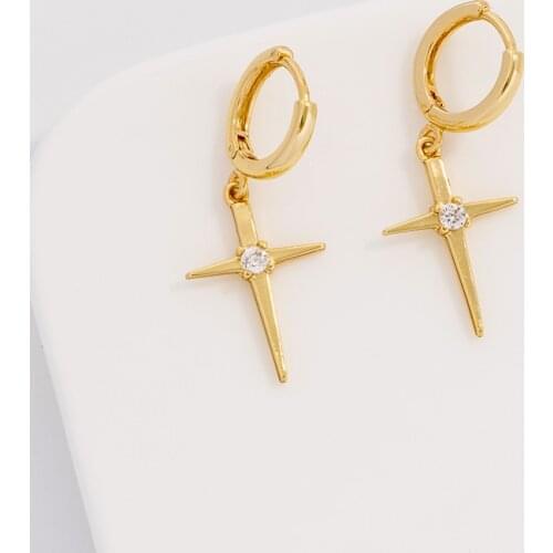 Jaeeyin 2021 Gold Color Small Cross Dangle Cubic Zirconia Tiny Hoop Fashion Earring Gift Women Men