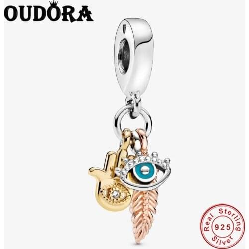 925 Sterling Silver Hamsa All-seeing Eye & Feather Spirituality Dangle Charm Beads Fit Original Pandora Charms Bracelet Berloque