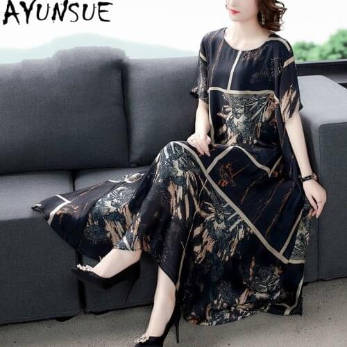 AYUNSUE 2021 Summer Silk Long Dress Woman Vintage Plus Size Dresses for Women Floral Party Casual Vestidos Largos Verano KJ6624