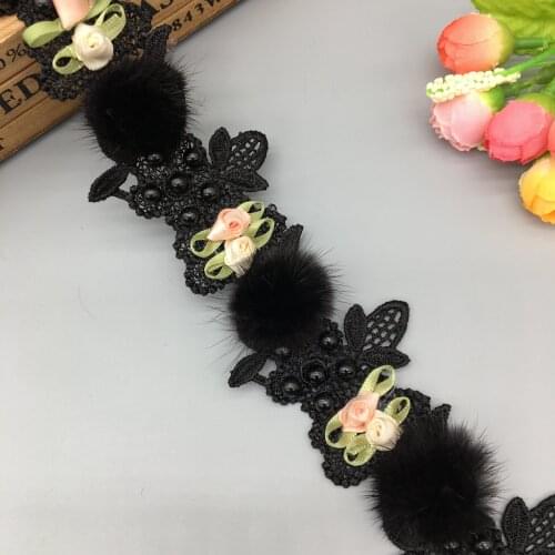 1 yard Black Pompom Pearl Flower Floral Lace Trim Ribbon Applique Embroidered Patches Wedding Dress Fabric Sewing Craft