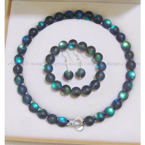 8mm Gray Gleamy Rainbow Moonstone Round Beads Necklace + Bracelet + Earrings Set Jewelry