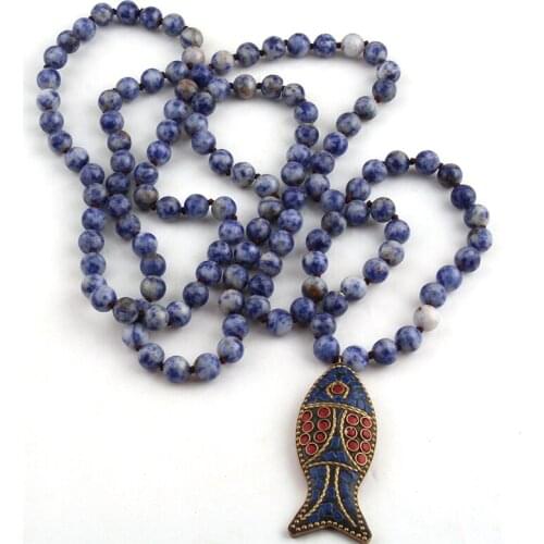 Free Shipping F Artisan Halsband Long Knot Blue Dot Stones Bead Fish Necklaces