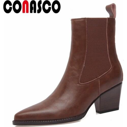 CONASCO Elegant Women Ankle Boots Autumn Winter Warm Genuine Leather Night Club Party Basic Prom Boots Retro Shoes Woman