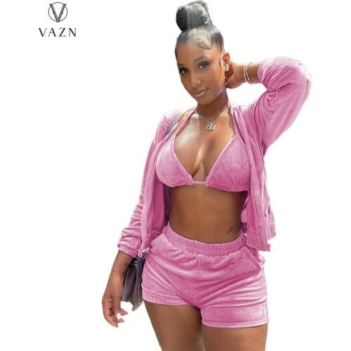 VAZN 2021 Autumn High-end Suede Set Overalls Young Solid Full Sleeve Cloth Short Pant Young 1 Piece Underwears Women 3 Piece Set
