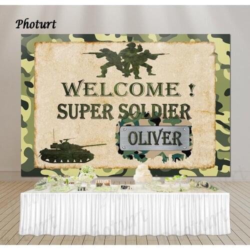 PHOTURT Super Soldier Photography Background Baby Shower Boy 1st Birthday Backdrop Army Camouflage Tank Banner Photo Props