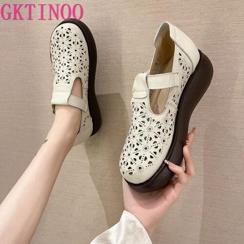 GKTINOO 2021 Spring Summer Hollow Genuine Leather Shoes Sandals Platform Increase Shoes Wedges High Heels Large Size Women Shoes