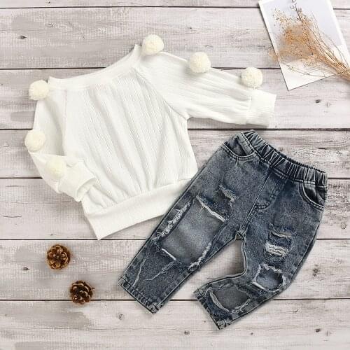 Toddler Baby Girl Two Pieces Set Clothes Ripped Jeans Long Sleeve Sweater Child Denim Trousers Knitted Tops 2Pcs Outfits Casual