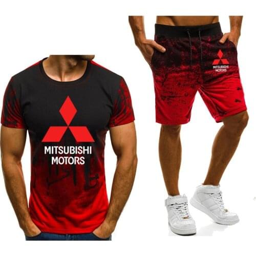 New 2021 Summer Mens suits Mitsubishi Car Logo Printed Casual Gradient High Quality Mens T-Shirt Pants Suit 2Pcs