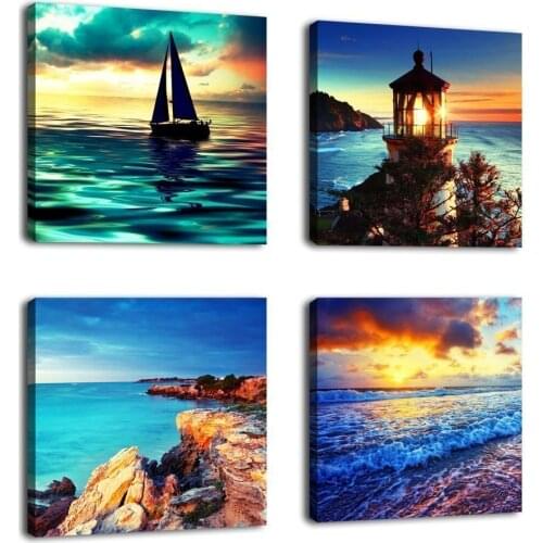 Canvas Wall Art Ocean Sunset Beach Painting Pieces Blue Seascape Canvas Art Sea Shore Nature Picture Modern Artwork Sailboat
