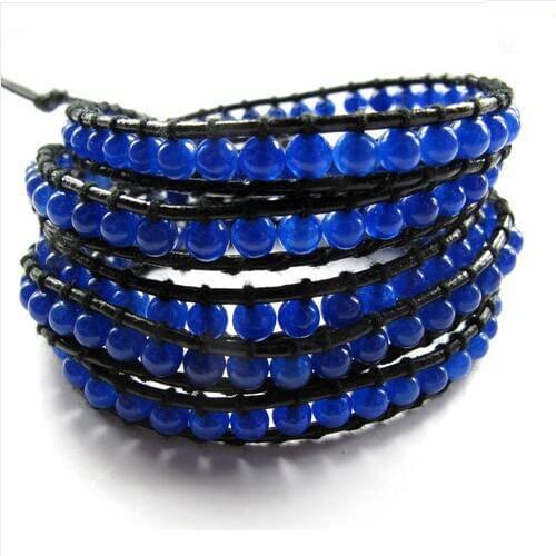 New Unique Genuine Leather With Gem Stone Blue Jade Gemstone 34'' Warp Bracelet Fashion Jewelry Charming Women Gift