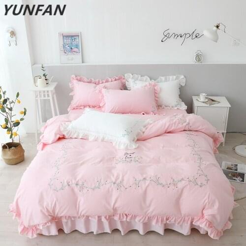 New Cotton lace Bedding Set pink Duvet Cover Set Bed Linen embroidered princess bed skirt twin full queen king flower bedclothes