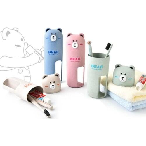 New Hot Â Travel Suit Cute Bear Wheat Straw Portable Toothbrush Holder Washing Cup Toothbrush Organizer with 2 x Toothbrushes