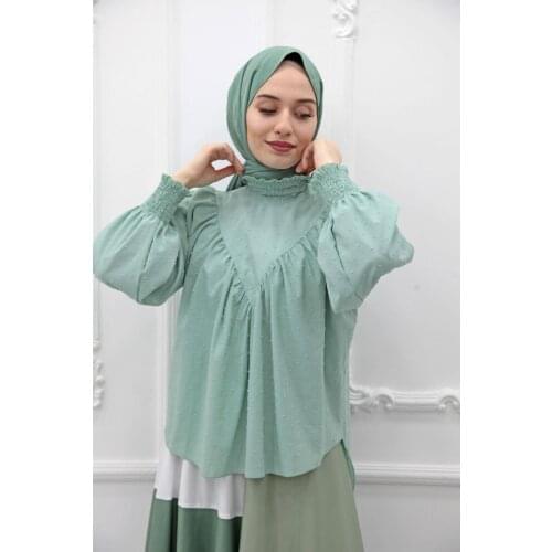 New Season Trend Muslim Pompom Shirt Water Green