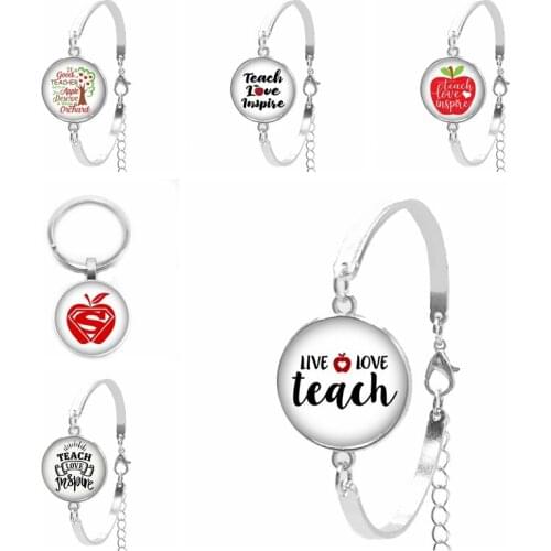 New Ladies Bracelet Art Charm Love Teaching Teacher Apple Love Life Tree Glass Convex Round Silver Chain Bracelet Teacher Gift
