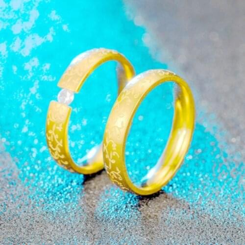 6mm Bling Crystal Wedding Rings for Couple Golden Stainless Steel Women Ring Sets Men Lovers Jewelry Engagement Gift